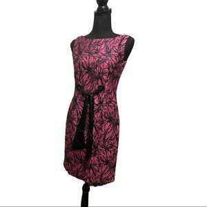 Taylor Dresses | Front Belted Hot Pink Sheath Dress With Black Sparkly lace